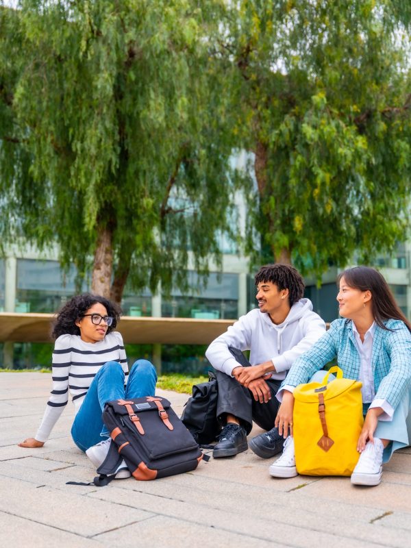 Vertical full length photo of three multiracial relaxed students sitting on the university campus talking together